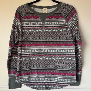 Faded Glory Gray and Pink Long Sleeve Fair Isle Thermal Waffle Knit Top Size XL